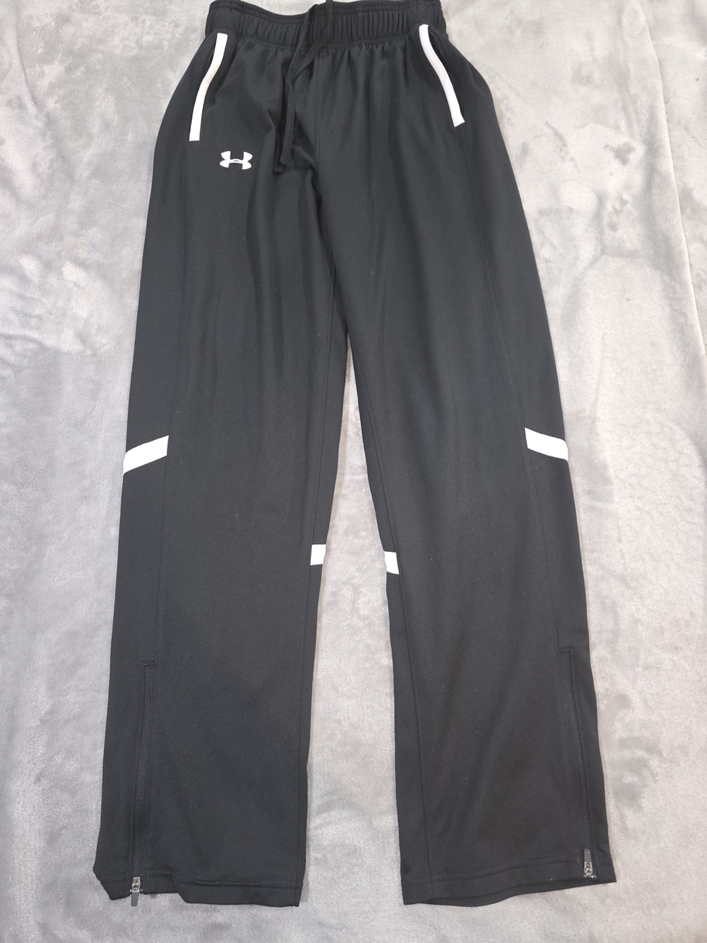 Under Armour Men's Black Athletic Zippered Track Pants with White Accents-Small